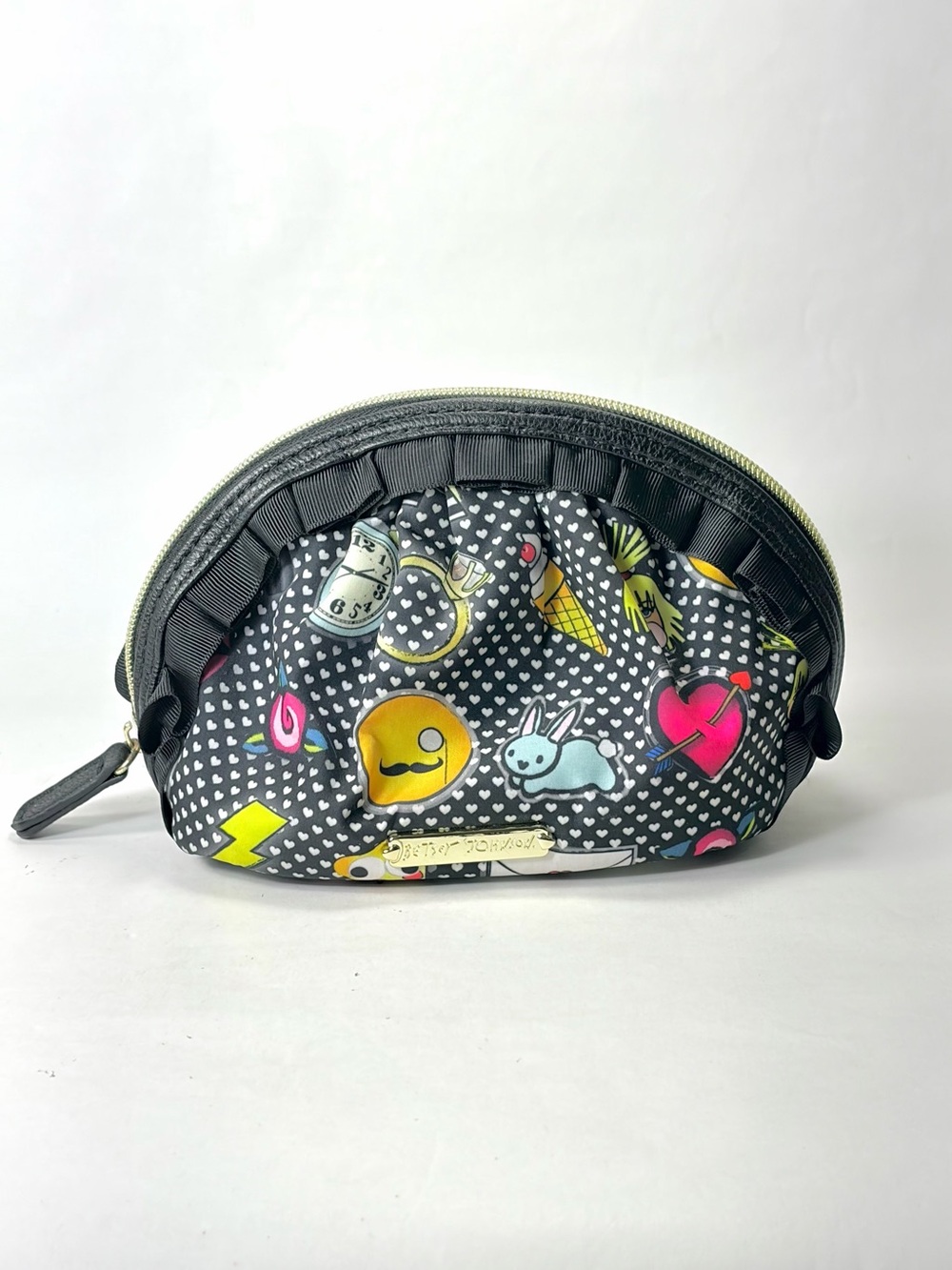 Betsey Johnson Emoji Print Black Printed Cosmetic Ruffle Pouch Colorful Icons
